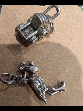 Silver Tone Baby Stroller and Stork Charm Set